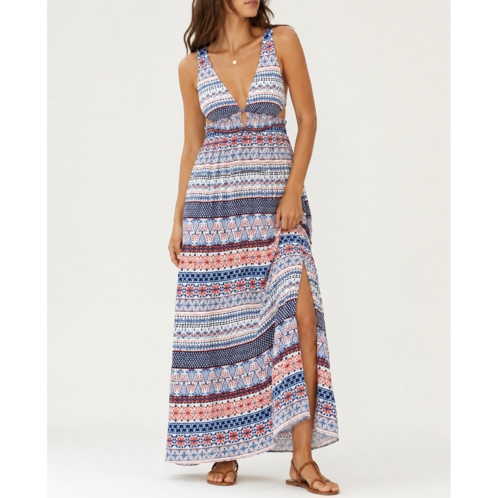 Wet Seal Womens Blue Orange Boho Geometric Floral Smocked Cut Out Maxi Dress L